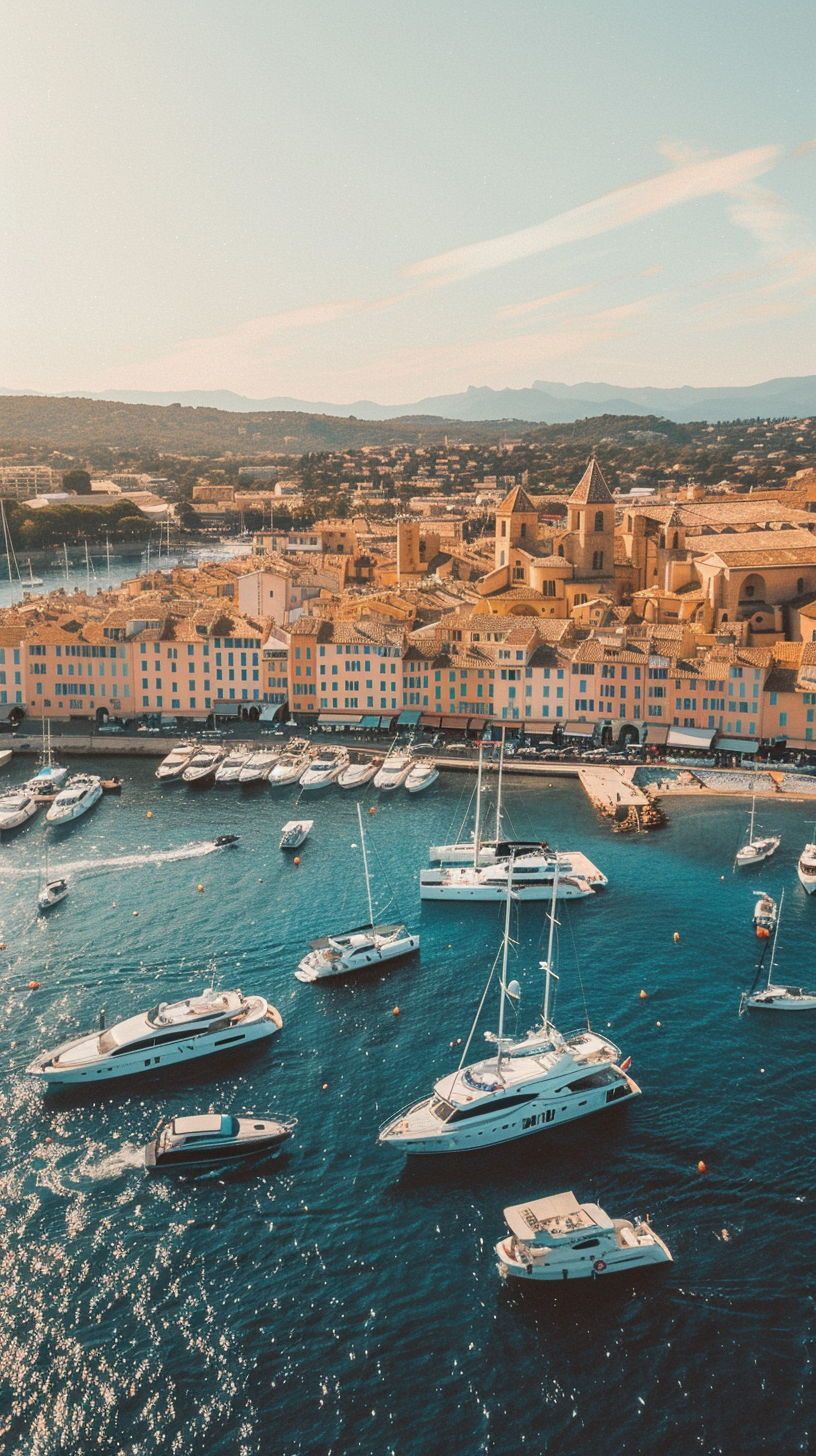 Vue aérienne du port de Saint-Tropez et yachts — chauffeur privé Saint-Tropez Pampelonne Ramatuelle depuis la Côte d'Azur